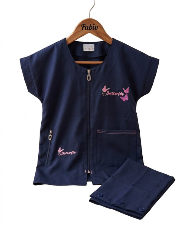 > Ensemble tablier scolaire bleu marine pour fille avec broderie papillon rose Butterfly et fermeture éclair