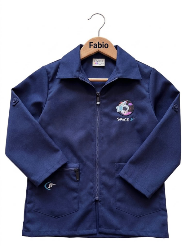blouse-scolaire-garcon-bleu-marine-space-fabio Tablier scolaire bleu marine pour garçon à fermeture éclair avec motif brodé Space